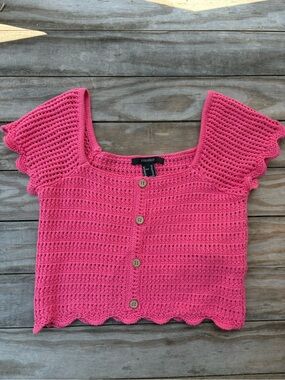 Forever 21 Hot Pink Crochet Button-Front Crop Top